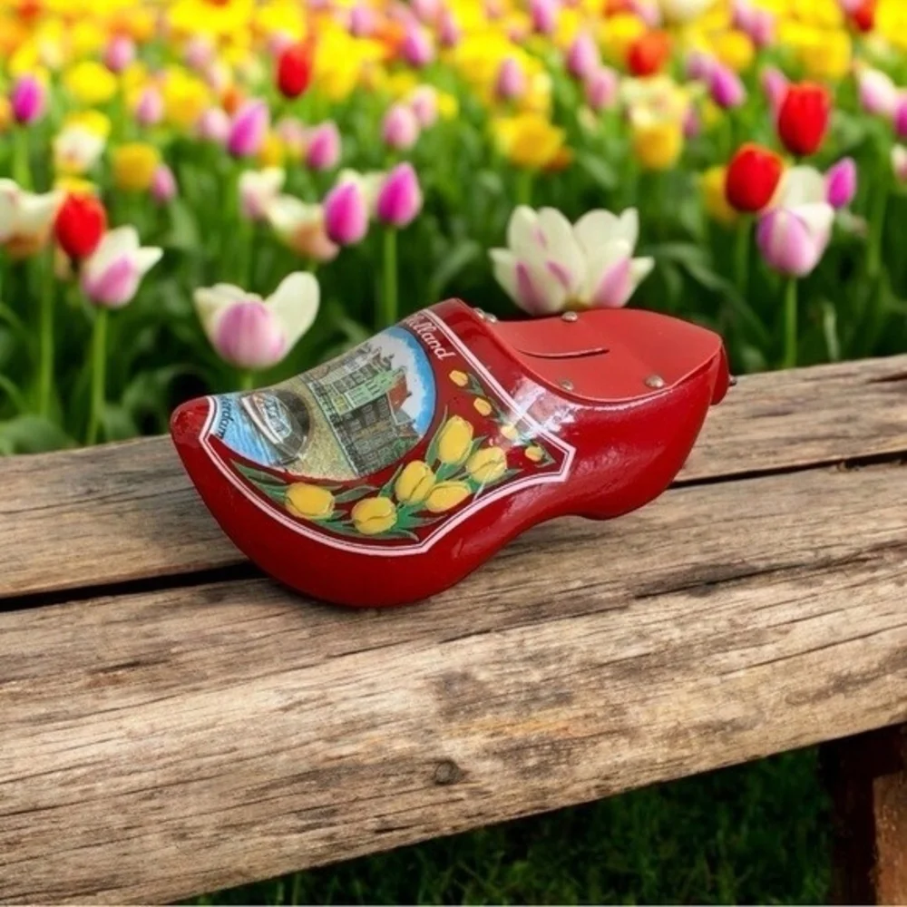 Dutch Wooden Shoe Piggy Bank Red Lacquer Amsterdam Tulips Holland Souvenir Clog